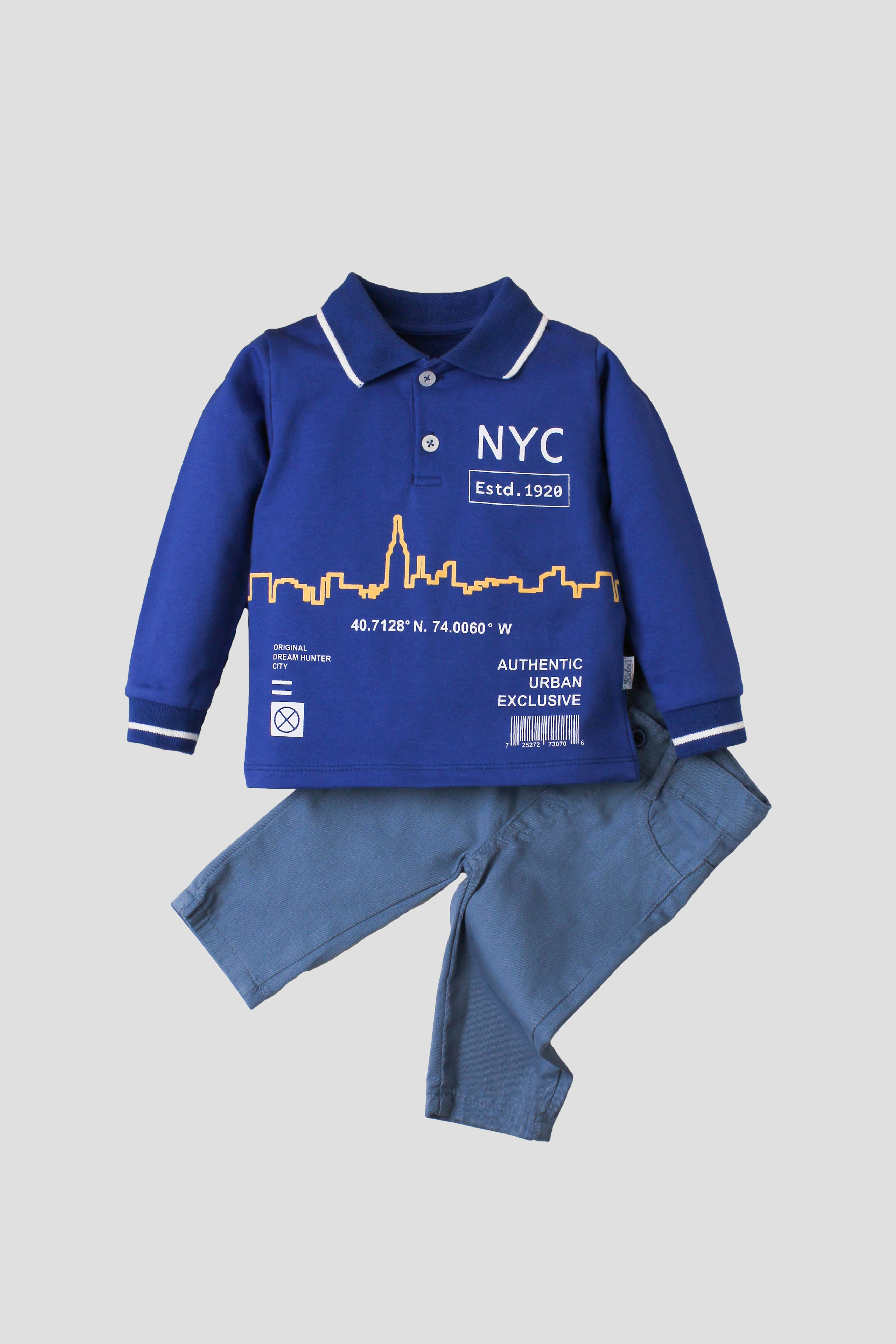 Erkek Bebek NYC Şehir Baskılı Polo Yaka 2'li Takım Pantolonlu 9-24 Ay